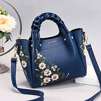 Женская стильная яркая повседневная модная кожаная сумка через плечо на ремешке с вышивкой цветами Синий