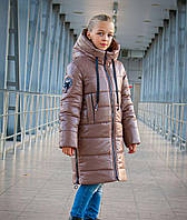 Довге зимове пальто на дівчинку тепла зимова куртка підліткова мокко 10-12 років