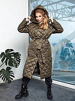 Женское зимнее стеганое пальто с глубоким капюшоном на кнопках размеры 42-60