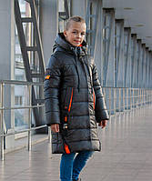 Длинное зимнее пальто на девочку зимняя куртка теплая подростковая хаки с оранжевым 9-12 лет