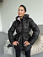 Женская куртка стежка с поясом стеганная зимняя стеганая куртка на подкладе с капюшоном силикон 250 Черный, 52