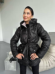 Жіноча куртка стібка з поясом стьобана зимова стьобана куртка на підкладі з капюшоном силікон 250