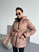 Женская куртка стежка с поясом стеганная зимняя стеганая куртка на подкладе с капюшоном силикон 250 Бежевый, 44