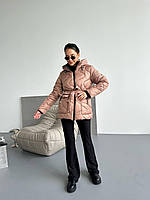 Женская куртка стежка с поясом стеганная зимняя стеганая куртка на подкладе с капюшоном силикон 250 Бежевый, 46