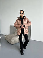 Женская куртка стежка с поясом стеганная зимняя стеганая куртка на подкладе с капюшоном силикон 250 Бежевый, 48