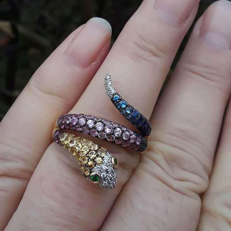 Кільце Змія зі стразами, кольоровий циркон, фото 1
