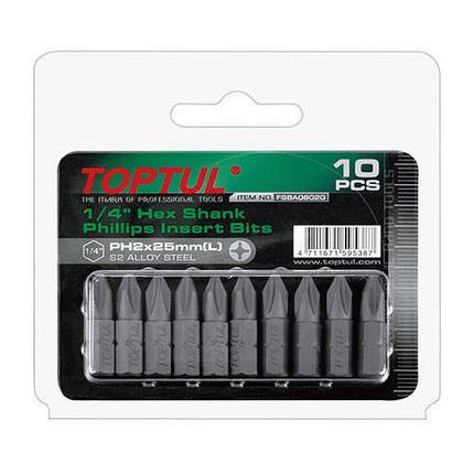 Набір насадок викруткових 1/4" TOPTUL L 25 мм PH2 10 од. FSBA0802G, фото 1