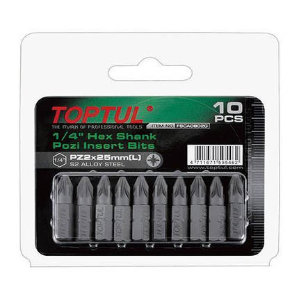 Набір насадок викруткових 1/4" L 25 мм PZ1 10ед TOPTUL FSCA0801G, фото 1