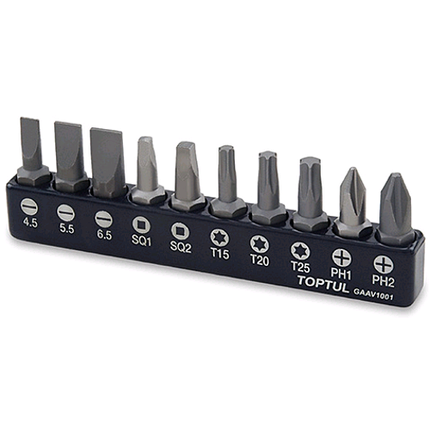 Набір біт для шурупокрута TOPTUL 1/4" 10 од. (PH,SL,Torx,SQ) GAAV1001, фото 1