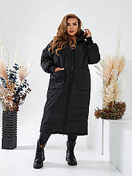 Жіноча зимова довга стьобана тепла куртка пальто з капюшоном осінь - зима на синтепоні 250 розміри