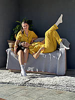 Женская пижама из натуральной ткани муслин, рубашка, шорты и брюки, цвет серый в клетку M, Желтый