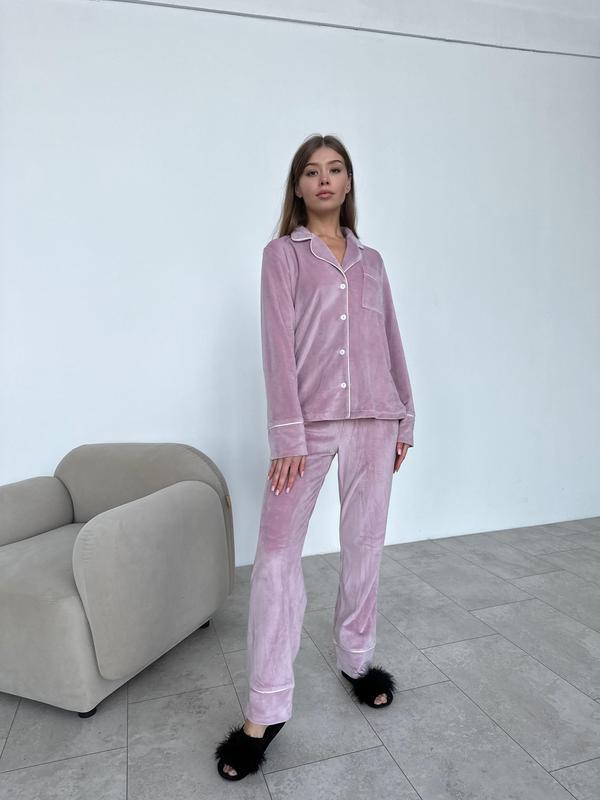 Плюшева піжама з кантом Christel 121 сорочка і штани пудрова M, фото 1