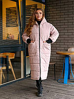 Женская зимняя длинная стеганая теплая куртка пальто с капюшоном осень - зима на синтепоне 250 большие размеры Бежевый, 58/60