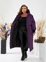 Женская зимняя длинная стеганая теплая куртка пальто с капюшоном осень - зима на синтепоне 250 большие размеры Фиолетовый, 54/56