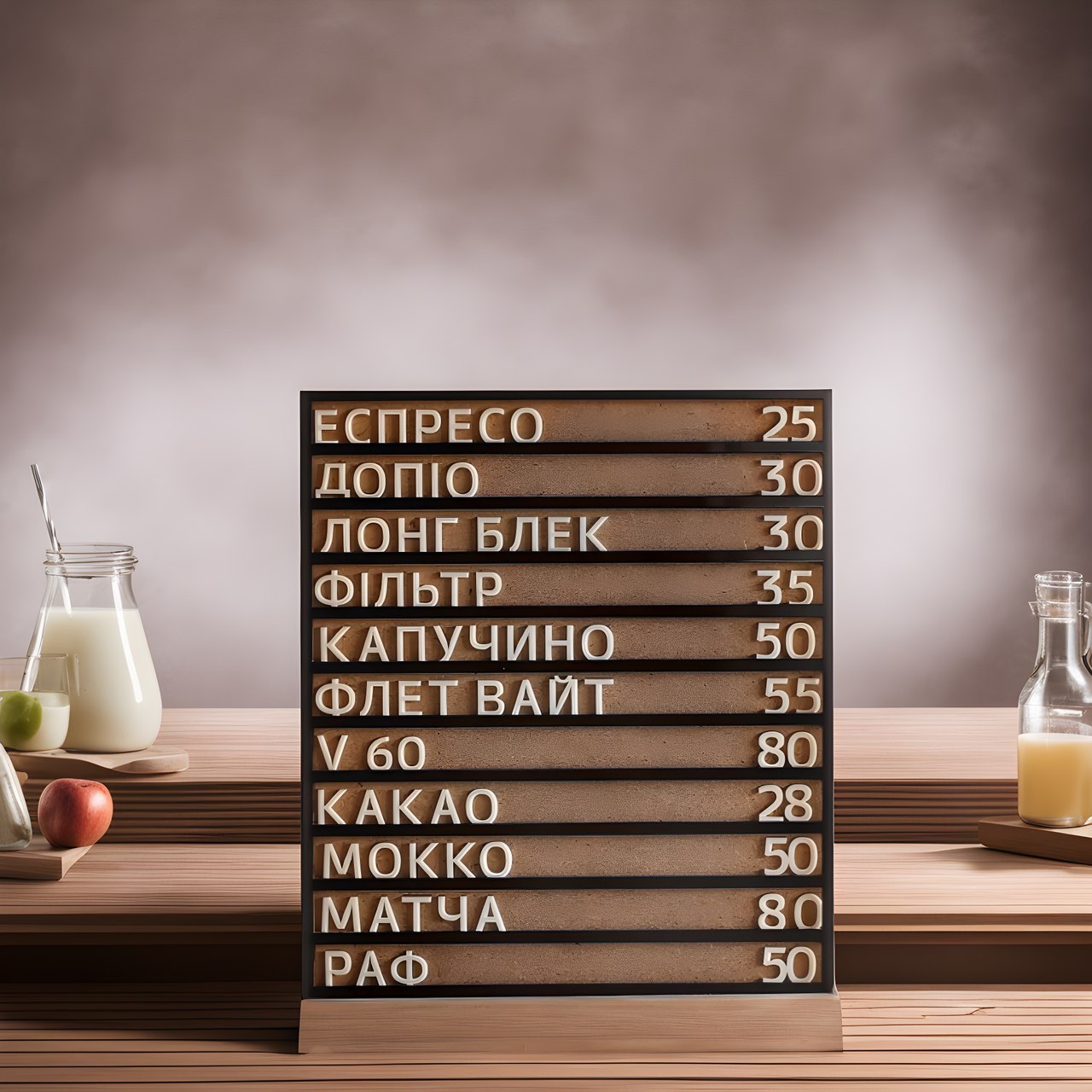 Набірне меню для кав'ярні та бару міні з ясена у модному стилі LOFT 36х28 см