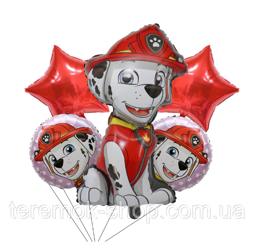 Набір повітряних надувних фольгованих кульок Щенячий патруль Маршал на червоному 5 шт