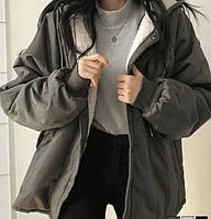 Женская удлиненная зимняя куртка с мехом внутри на кнопках размер 42-48 Графит