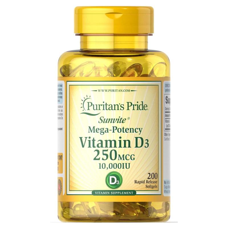Витамины и минералы Puritan's Pride Vitamin D3 10000 IU, 200 капсул - фото 1 - id-p2011354681