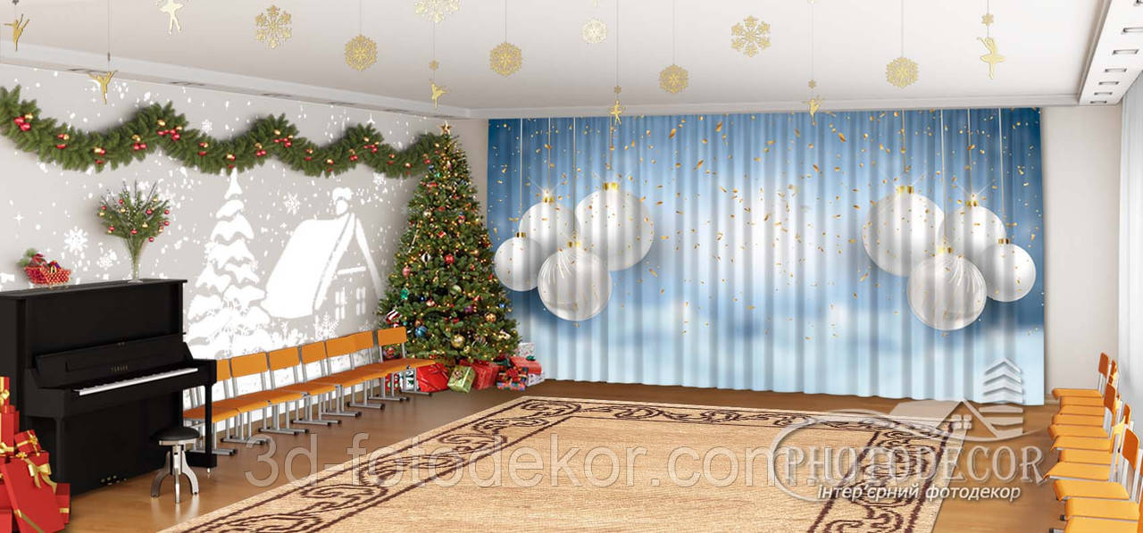 Новорічні Фото Штори в дитячий сад "Білі кулі на блакитному фоні", фото 1