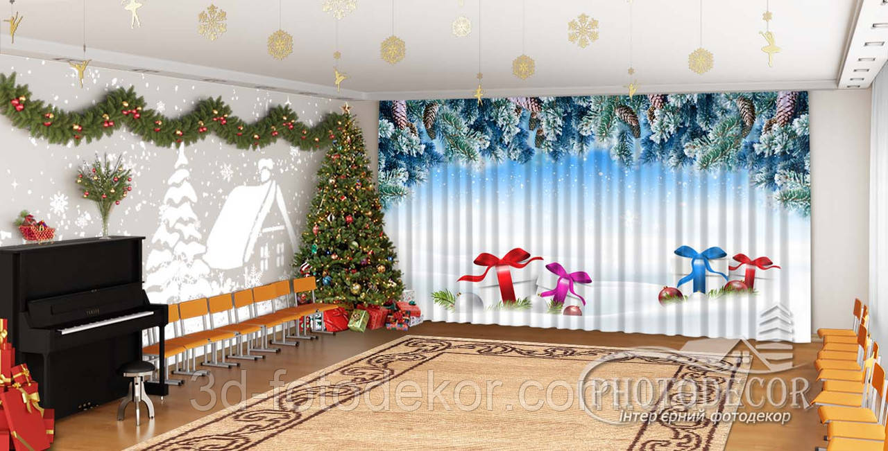 Новорічні Фото Штори в дитячий сад "Ялинкові гілки та подарунки", фото 1