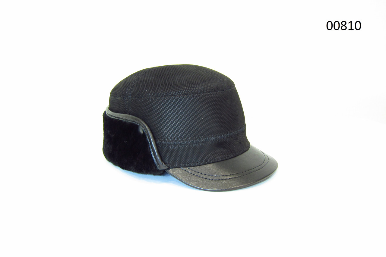 Чоловіча зимова кепка немка з натуральної шкіри чорна на натуральному хутрі DAVANI 00810, фото 1