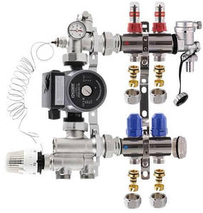 Колектор для теплої підлоги Koer на 2 контури нижній комплект з насосом (латунь)