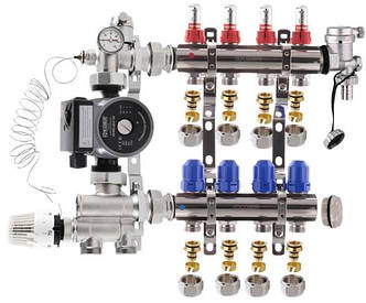 Колектор для теплої підлоги Koer на 4 контури нижній комплект з насосом (латунь)
