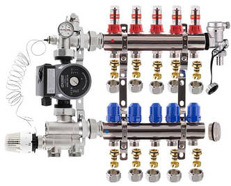 Колектор для теплої підлоги Koer на 5 контурів нижній комплект із насосом (латунь)