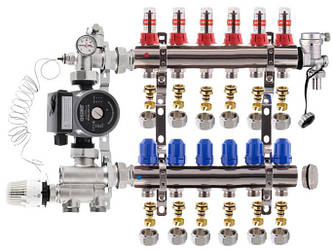 Колектор для теплої підлоги Koer на 6 контурів нижній комплект із насосом (латунь)