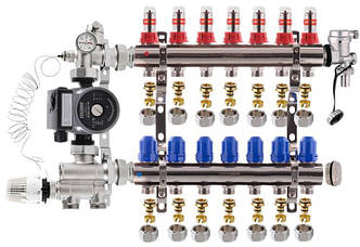 Колектор для теплої підлоги Koer на 7 контурів нижній комплект із насосом (латунь)