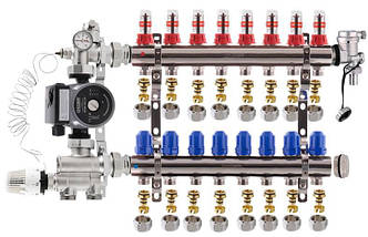 Колектор для теплої підлоги Koer на 8 контурів нижній комплект із насосом (латунь)