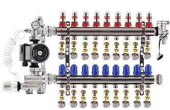 Колектор для теплої підлоги Koer на 9 контурів нижній комплект із насосом (латунь)