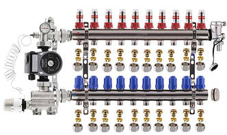 Колектор для теплої підлоги Koer на 10 контурів нижній комплект із насосом (латунь)