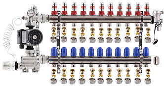 Колектор для теплої підлоги Koer на 11 контурів нижній комплект із насосом (латунь)
