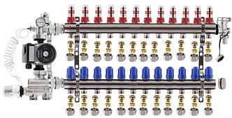 Колектор для теплої підлоги Koer на 12 контурів нижній комплект із насосом (латунь)