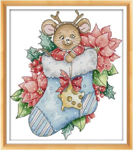 Набір для вишивання за нанесеною на канву схемою "Mouse Christmas Socks". AIDA 14CT printed 22*28 см