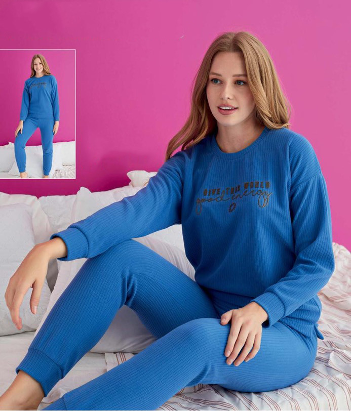 Тепла жіноча піжама в рубчик комплект двійка Pijamerry Give this world good energy, фото 1