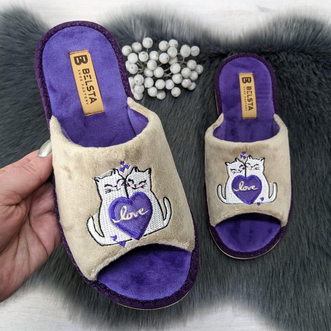 Тапочки жіночі Белста бежеві з фіолетовою устілкою велюрові відкритий носок 2907, фото 1