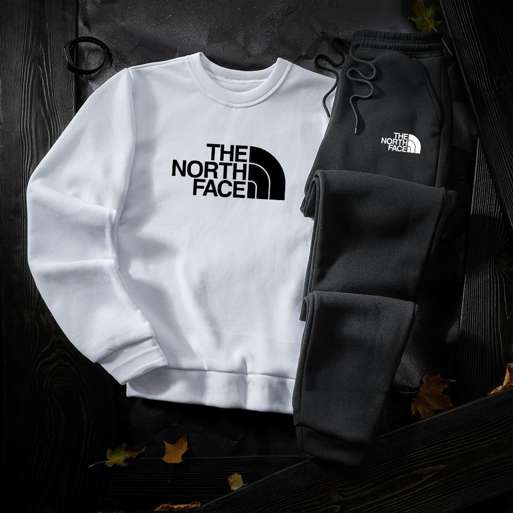 Чоловічий зимовий спортивний костюм The North Face на флісі білий-чорний комплект світшот штани норт фейс зима