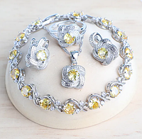 Жіночий комплект ювелірних виробів Aphrodite з жовтим цирконієм, срібло 925 проби сережки, підвіска, кільце, браслет