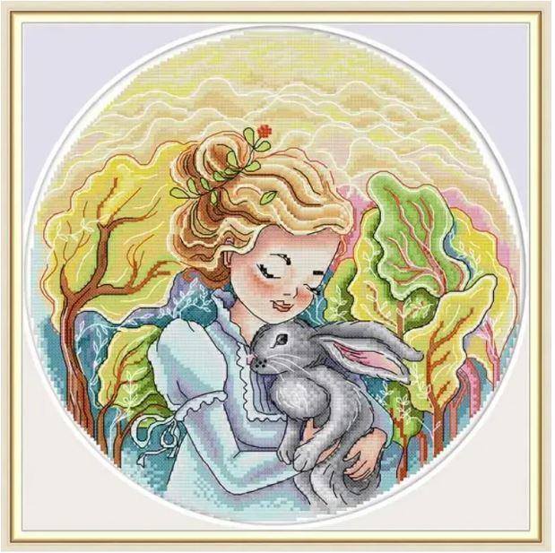 Набір для вишивання за нанесеною на канву схемою "Girl and rabbit". AIDA 14CT printed 35*35 см