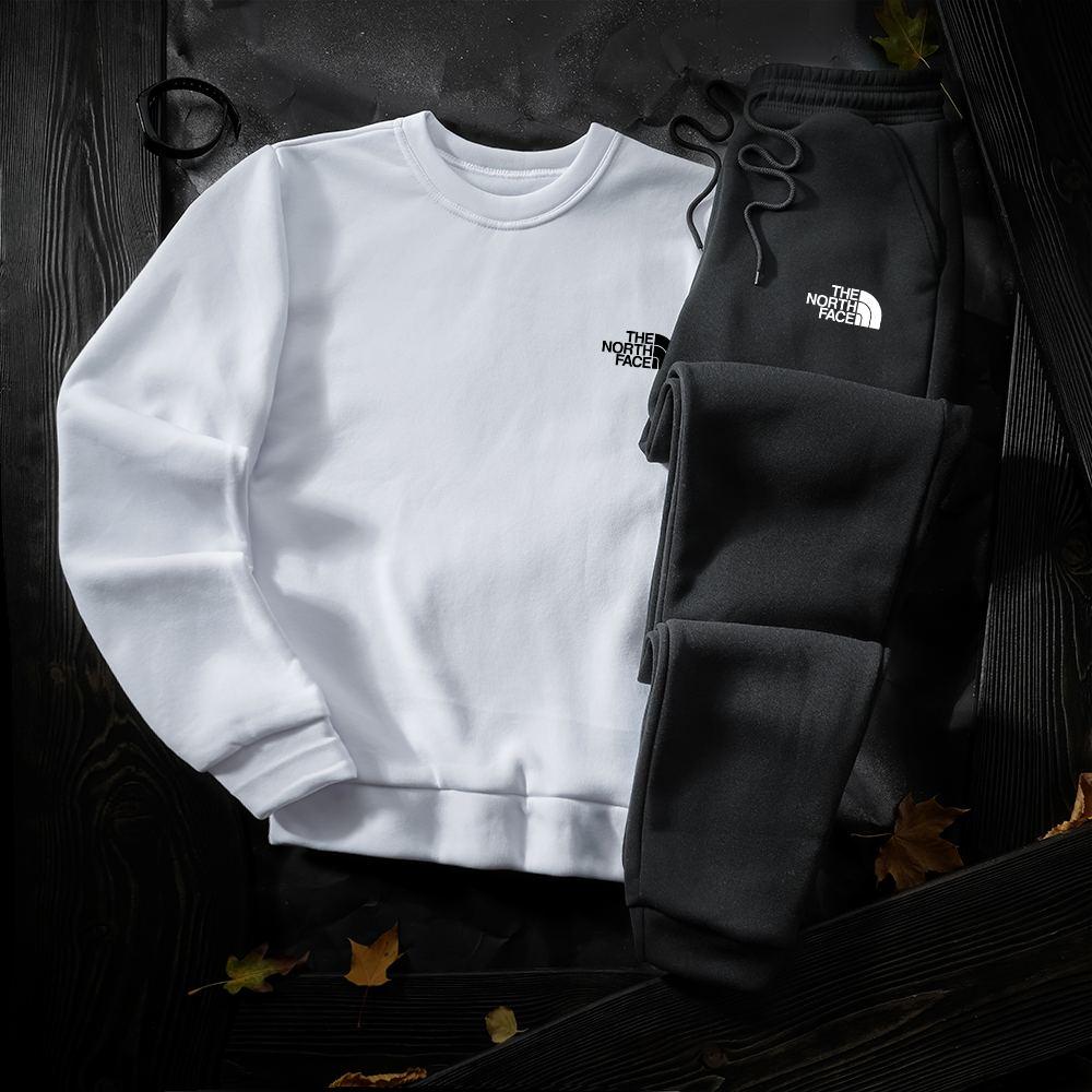 Спортивний костюм The North Face теплий чоловічий на флісі білий-чорний комплект світшот штани Тнф зима