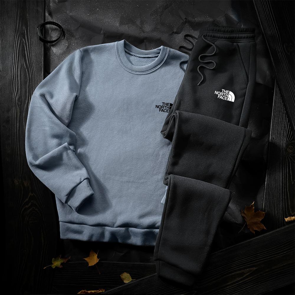 Спортивний костюм The North Face теплий чоловічий на флісі блакитний-чорний комплект світшот штани Тнф зима