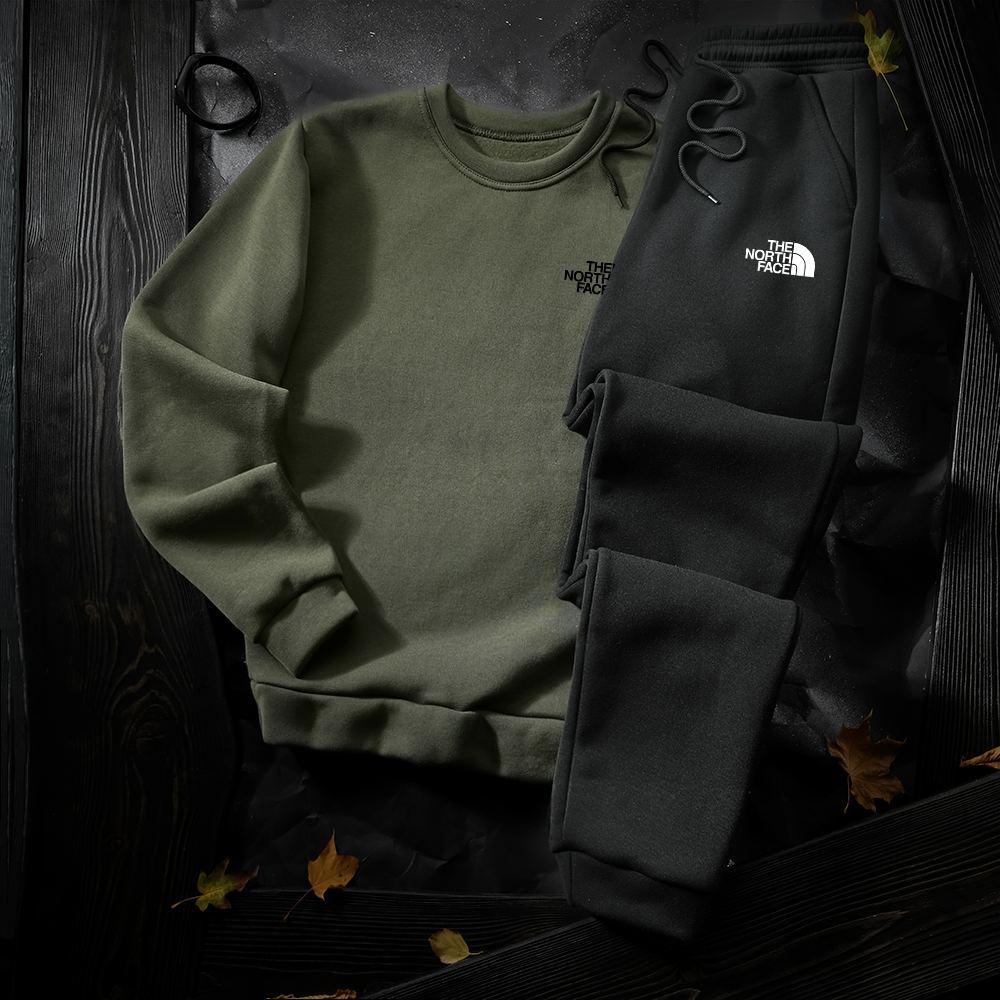 Спортивний костюм The North Face теплий чоловічий на флісі хакі-чорний комплект світшот штани Тнф зима