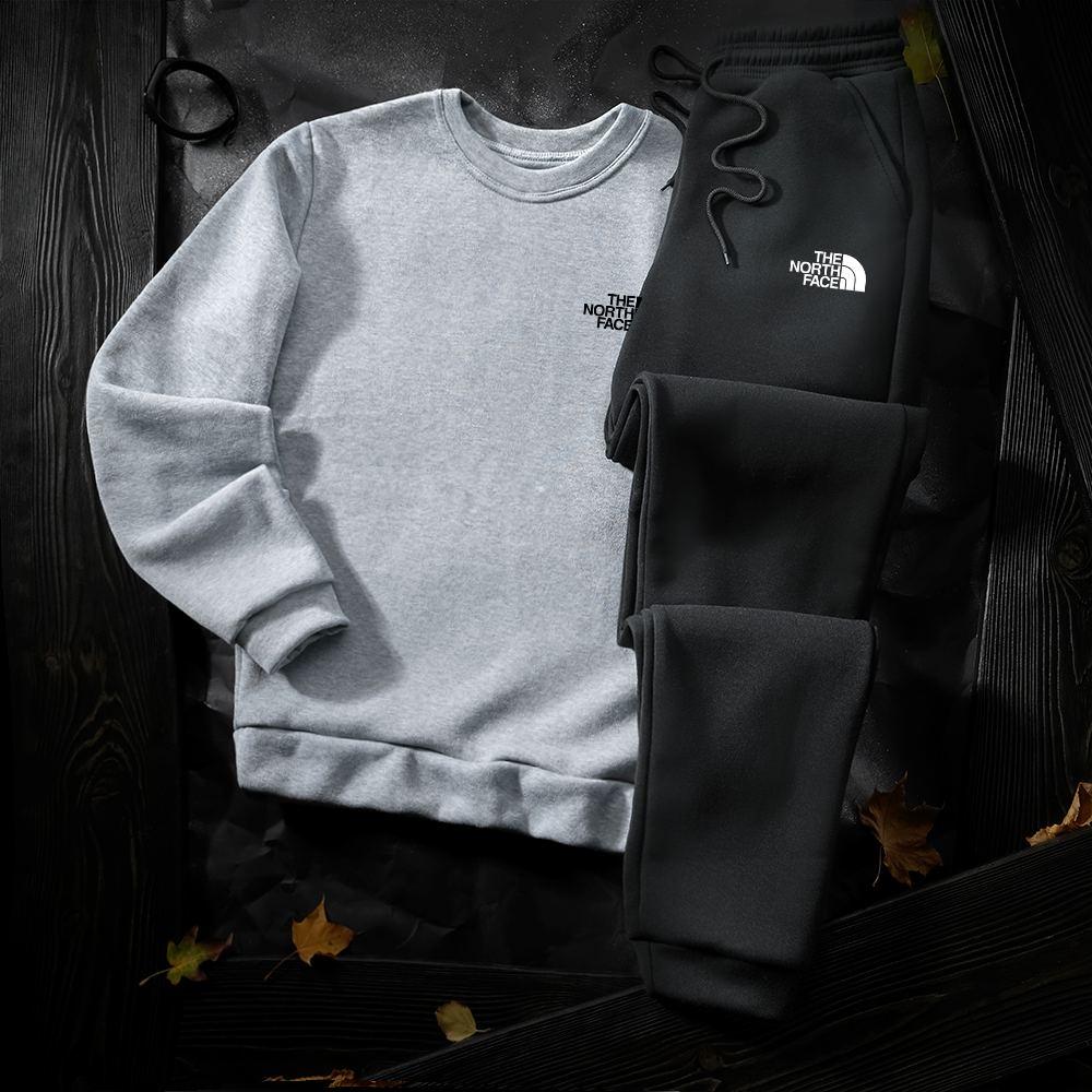 Спортивний костюм The North Face теплий чоловічий на флісі сірий-чорний комплект світшот штани Тнф зима