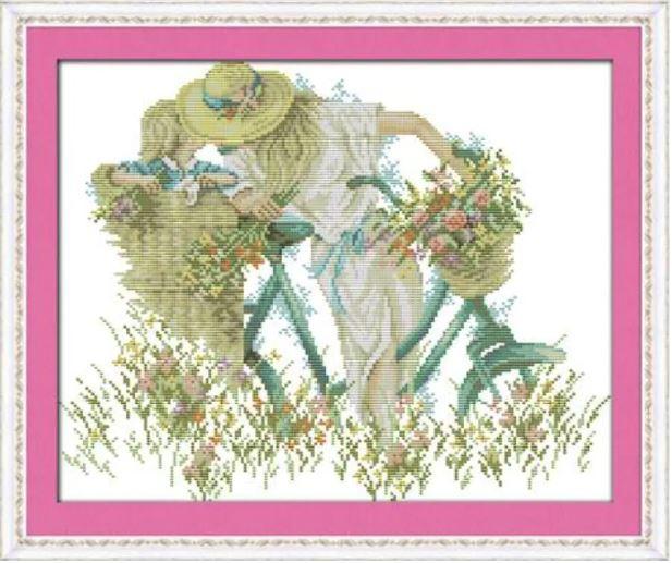 Набір для вишивання за нанесеною на канву схемою "Mother and daughter with bike ". AIDA 14CT printed ,42*35 см