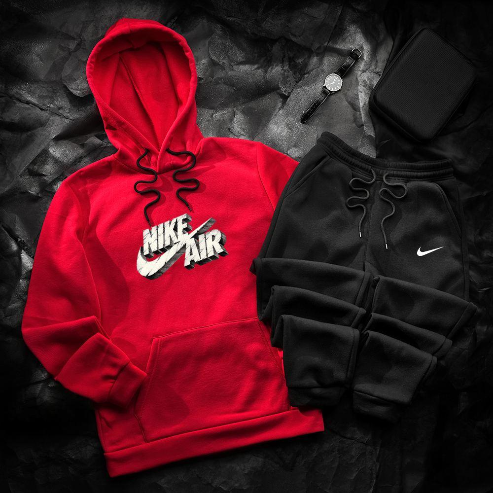 Спортивний костюм чоловічий Nike air зимовий на флісі червоний-чорний кофта штани найк теплий із начісом зима
