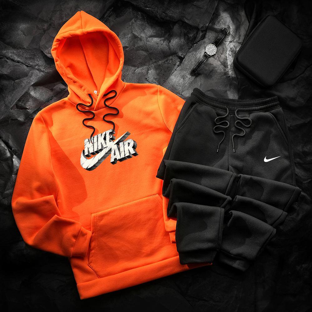 Спортивний костюм чоловічий Nike air зимовий на флісі помаранчевий-чорний кофта штани найк теплий із начісом зима, фото 1