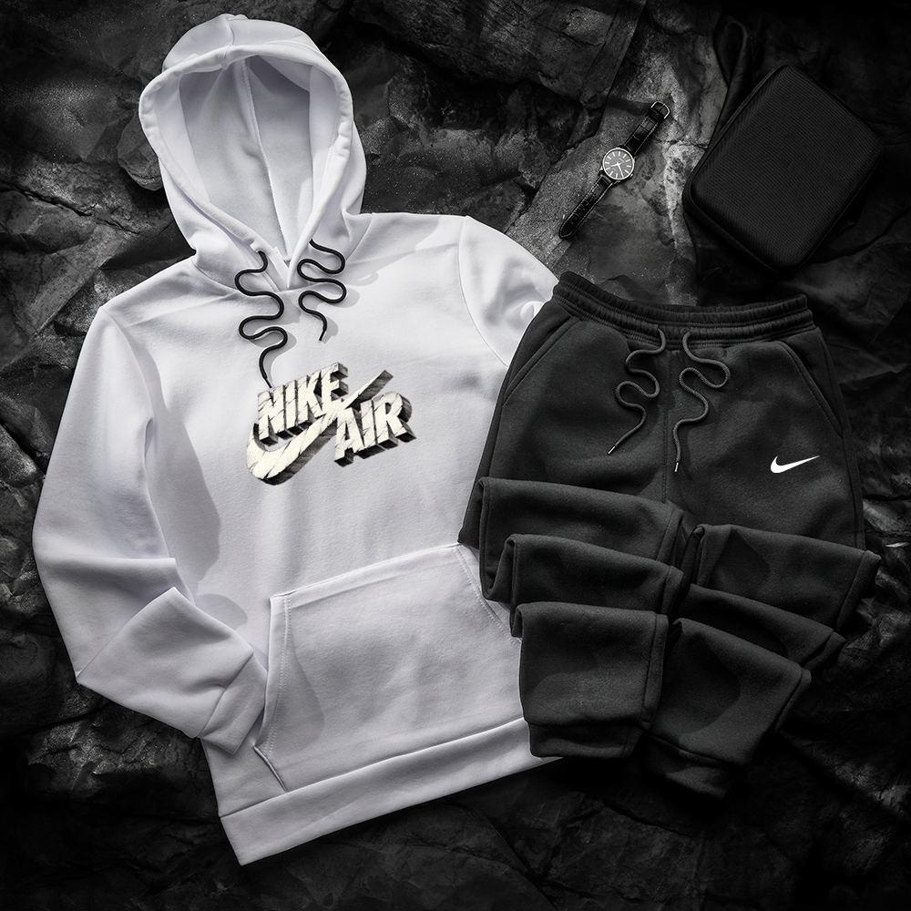 Спортивний костюм чоловічий Nike air зимовий на флісі білий-чорний кофта штани найк теплий із начісом зима