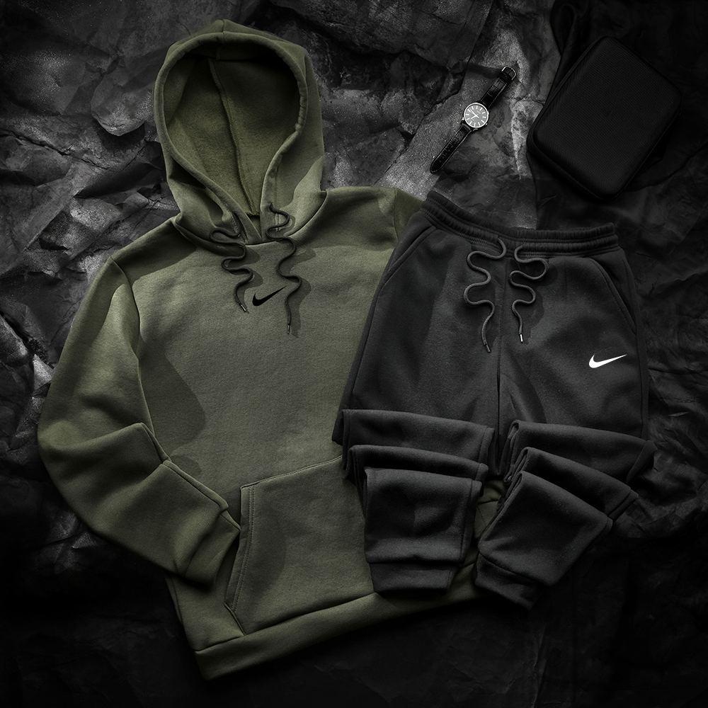 Спортивний костюм чоловічий зимовий Nike хакі-чорний комплект худі штани найк теплий з начосом зима